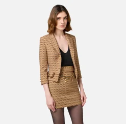 Giacche & Trench|Tailleur|Elisabetta Franchi Giacca cropped in crêpe stretch stampa rombo con catena Camel/Nero