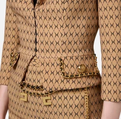 Giacche & Trench|Tailleur|Elisabetta Franchi Giacca cropped in crêpe stretch stampa rombo con catena Camel/Nero