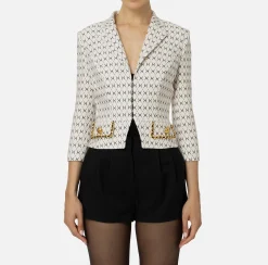 Giacche & Trench|Tailleur|Elisabetta Franchi Giacca cropped in crêpe stretch stampa rombo con catena Burro/Nero