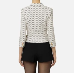 Giacche & Trench|Tailleur|Elisabetta Franchi Giacca cropped in crêpe stretch stampa rombo con catena Burro/Nero