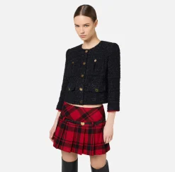 Giacche & Trench|Elisabetta Franchi Giacca cropped in tweed con tasche Nero/RedPassion