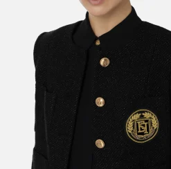 Giacche & Trench|Elisabetta Franchi Giacca cropped in tweed laminato con tasche Nero