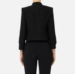 Giacche & Trench|Elisabetta Franchi Giacca cropped in tweed laminato con tasche Nero