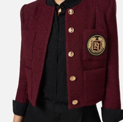 Giacche & Trench|Elisabetta Franchi Giacca cropped in tweed laminato con tasche RougeNoir