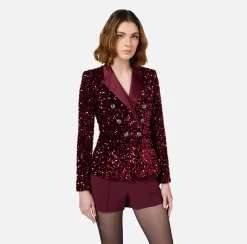 Tailleur|Giacche & Trench|Elisabetta Franchi Giacca doppiopetto in ciniglia ricamata con pailettes RougeNoir