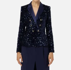 Tailleur|Giacche & Trench|Elisabetta Franchi Giacca doppiopetto in ciniglia ricamata con pailettes Navy