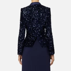 Tailleur|Giacche & Trench|Elisabetta Franchi Giacca doppiopetto in ciniglia ricamata con pailettes Navy