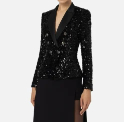Tailleur|Giacche & Trench|Elisabetta Franchi Giacca doppiopetto in ciniglia ricamata con pailettes Nero