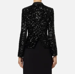 Tailleur|Giacche & Trench|Elisabetta Franchi Giacca doppiopetto in ciniglia ricamata con pailettes Nero