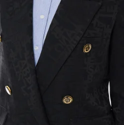 Tailleur|Giacche & Trench|Elisabetta Franchi Giacca doppiopetto in crêpe jaquard lettering Nero