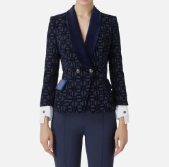 Tailleur|Giacche & Trench|Elisabetta Franchi Giacca doppiopetto in crêpe flock Navy