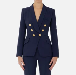 Tailleur|Giacche & Trench|Elisabetta Franchi Giacca doppiopetto in crêpe stretch con ricamo Navy