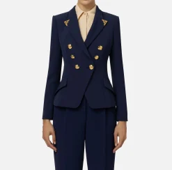 Tailleur|Giacche & Trench|Elisabetta Franchi Giacca doppiopetto in crêpe stretch con puntali Navy