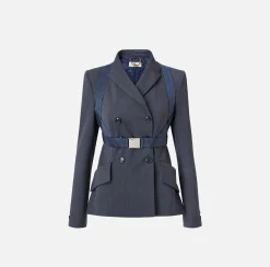 Tailleur|Giacche & Trench|Elisabetta Franchi Giacca doppiopetto in fresco lana mélange con harness elastico Navy