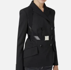 Tailleur|Giacche & Trench|Elisabetta Franchi Giacca doppiopetto in fresco lana mélange con harness elastico Nero