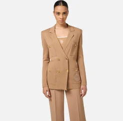 Giacche & Trench|Maglieria E Felpe|Elisabetta Franchi Giacca doppiopetto in viscosa con patch logo Camel