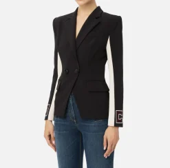 Giacche & Trench|Elisabetta Franchi Giacca in crêpe stretch con bande e ricamo logo Nero/Burro