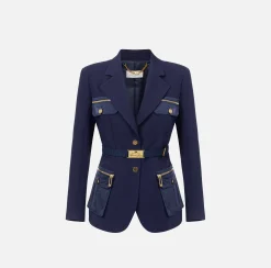 Tailleur|Giacche & Trench|Elisabetta Franchi Giacca in crêpe stretch con cintura e tasche Navy
