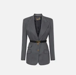 Tailleur|Giacche & Trench|Elisabetta Franchi Giacca in fresco di lana con cintura SteelMelange