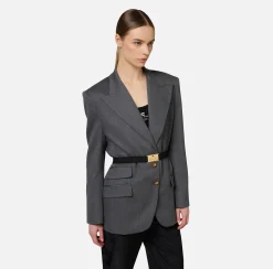 Tailleur|Giacche & Trench|Elisabetta Franchi Giacca in fresco di lana con cintura SteelMelange