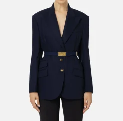 Tailleur|Giacche & Trench|Elisabetta Franchi Giacca in fresco di lana con cintura Navy