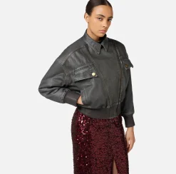 Giacche & Trench|Elisabetta Franchi Giubbotto in denim craquelé lucido Steel