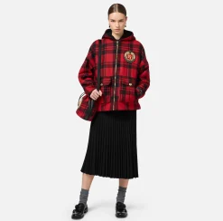 Capispalla|Elisabetta Franchi Giubbotto in lana tartan imbottito con cappuccio e patch ricamato RedPassion/Nero