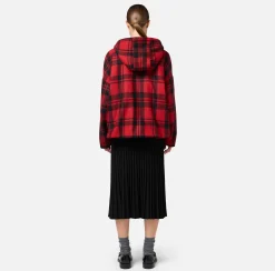 Capispalla|Elisabetta Franchi Giubbotto in lana tartan imbottito con cappuccio e patch ricamato RedPassion/Nero