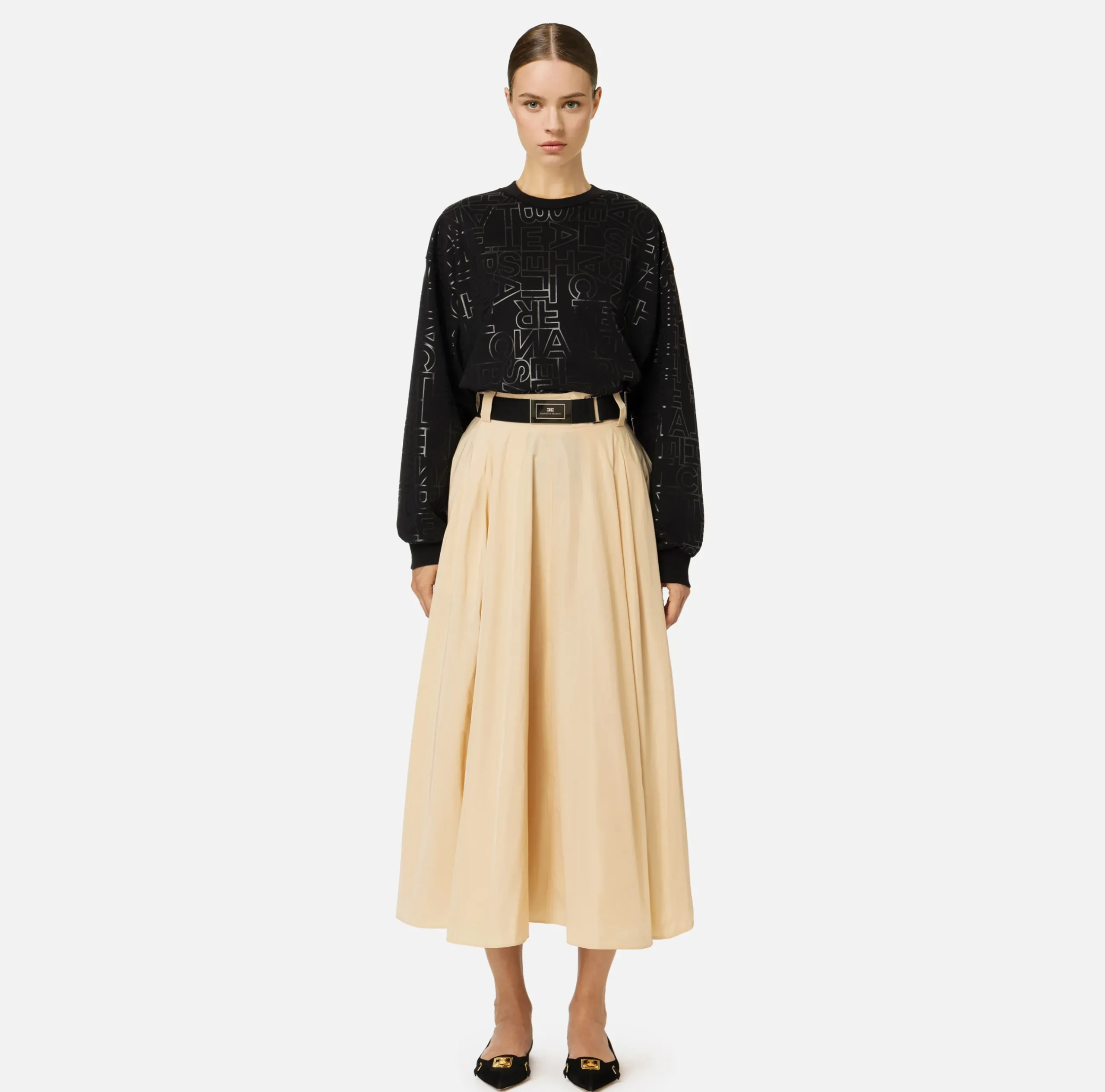 Gonne|Elisabetta Franchi Gonna a ruota in nylon tecnico leggero Crema