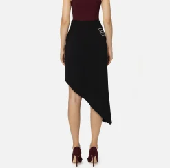 Gonne|Elisabetta Franchi Gonna asimmetrica in crêpe stretch con bande e ricamo logo Nero/Burro