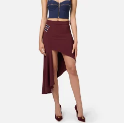 Gonne|Elisabetta Franchi Gonna asimmetrica in crêpe stretch con bande e ricamo logo Oro