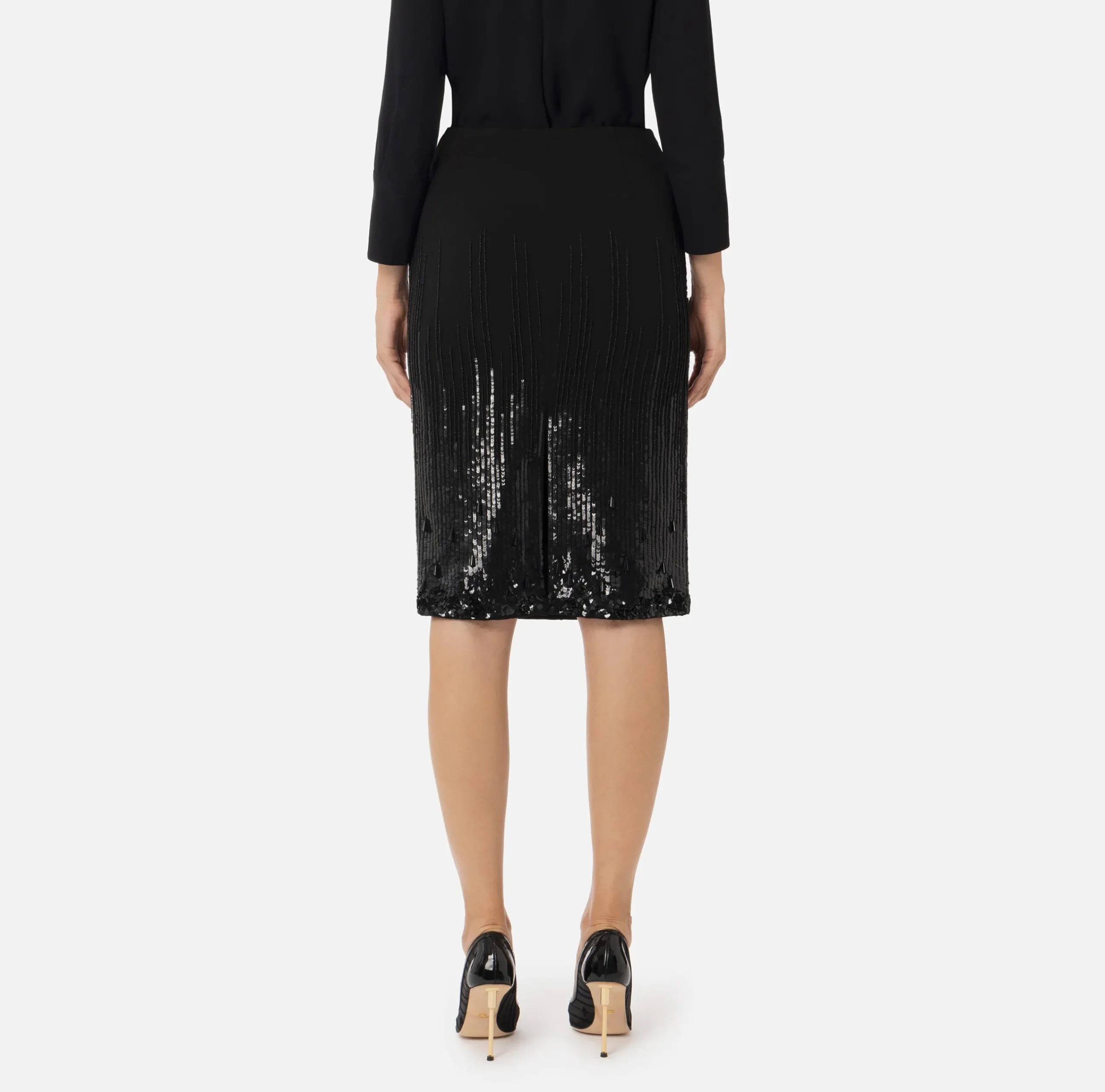 Gonne|Elisabetta Franchi Gonna midi in crêpe ricamato con paillettes Nero