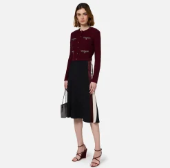 Gonne|Elisabetta Franchi Gonna midi in crêpe satin con bande Nero/RougeNoir/Burro