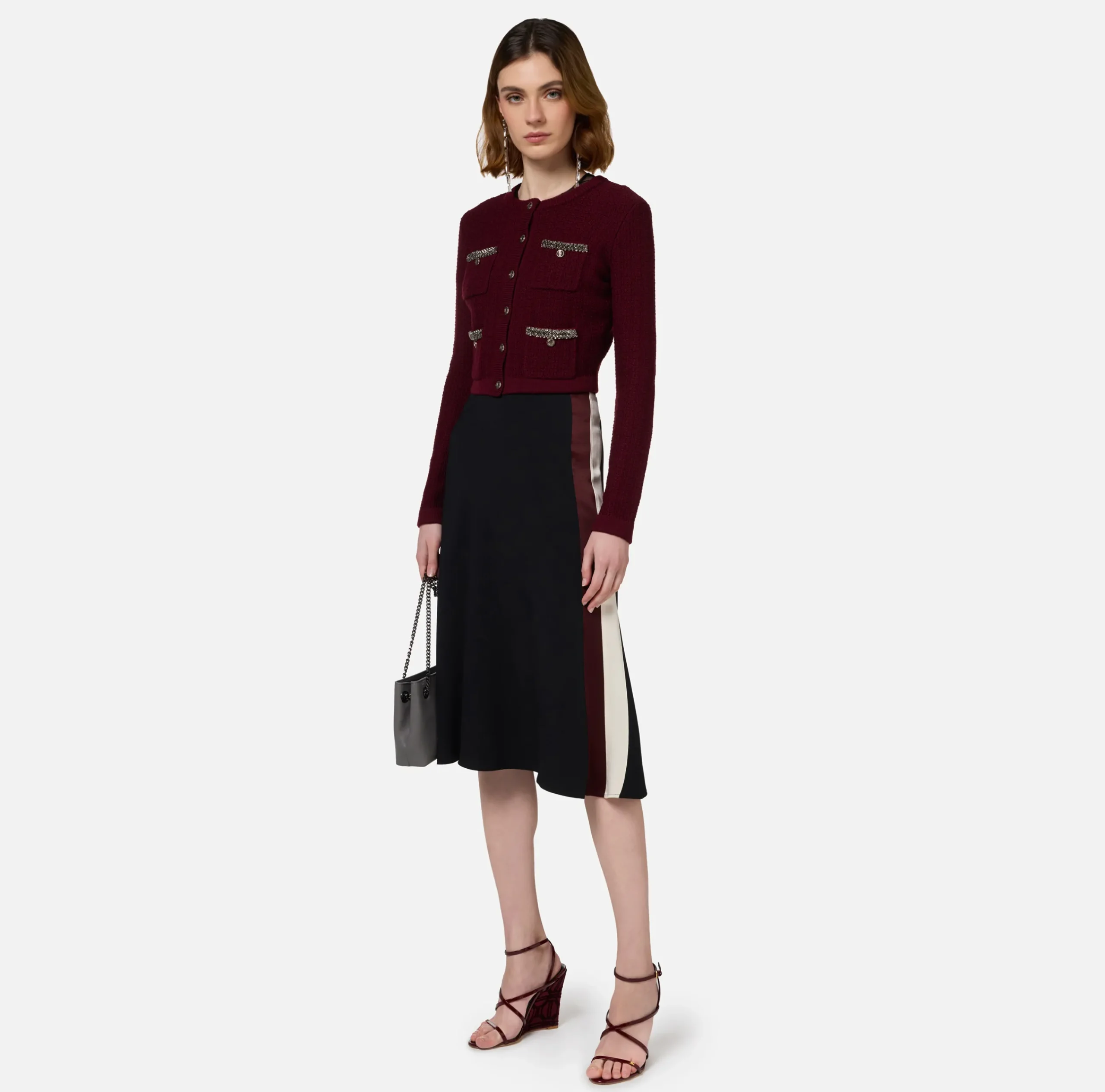 Gonne|Elisabetta Franchi Gonna midi in crêpe satin con bande Nero/RougeNoir/Burro