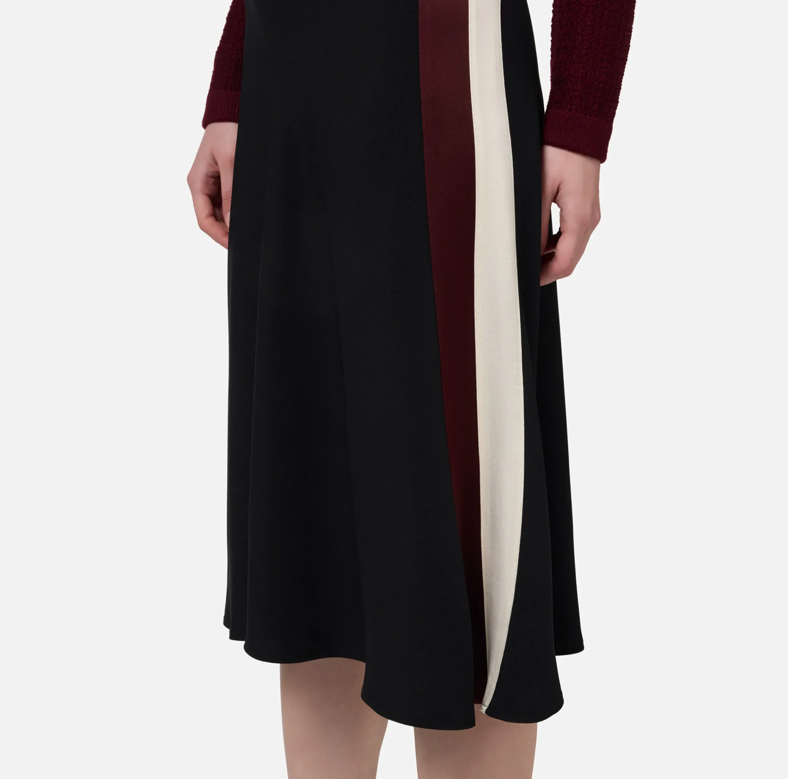 Gonne|Elisabetta Franchi Gonna midi in crêpe satin con bande Nero/RougeNoir/Burro