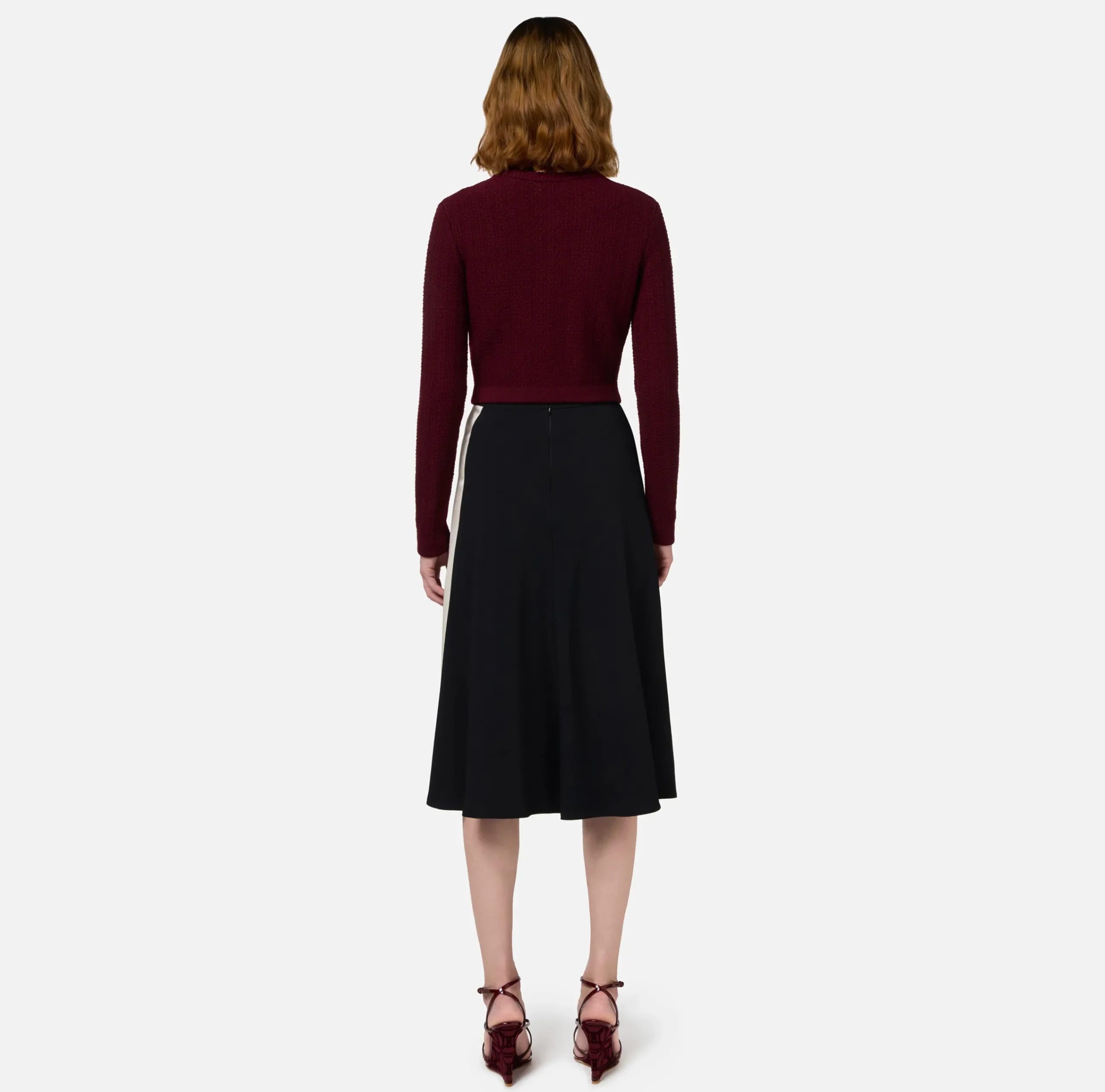 Gonne|Elisabetta Franchi Gonna midi in crêpe satin con bande Nero/RougeNoir/Burro