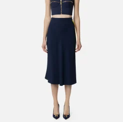 Gonne|Elisabetta Franchi Gonna midi in crêpe satin con bande Navy/Mimosa/Burro