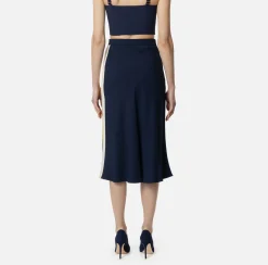 Gonne|Elisabetta Franchi Gonna midi in crêpe satin con bande Navy/Mimosa/Burro