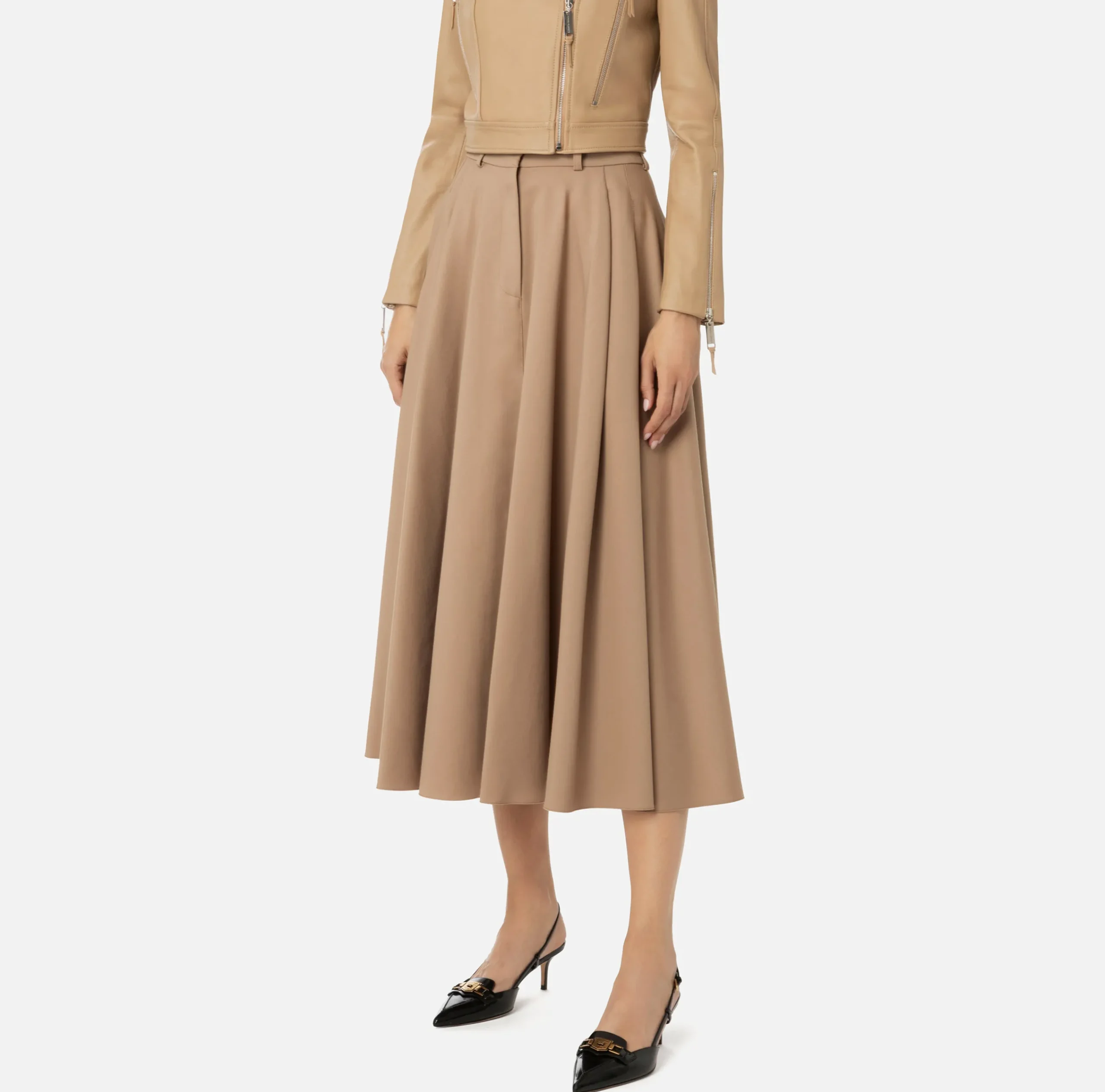 Gonne|Elisabetta Franchi Gonna midi in fresco lana con ricamo stemma Camel