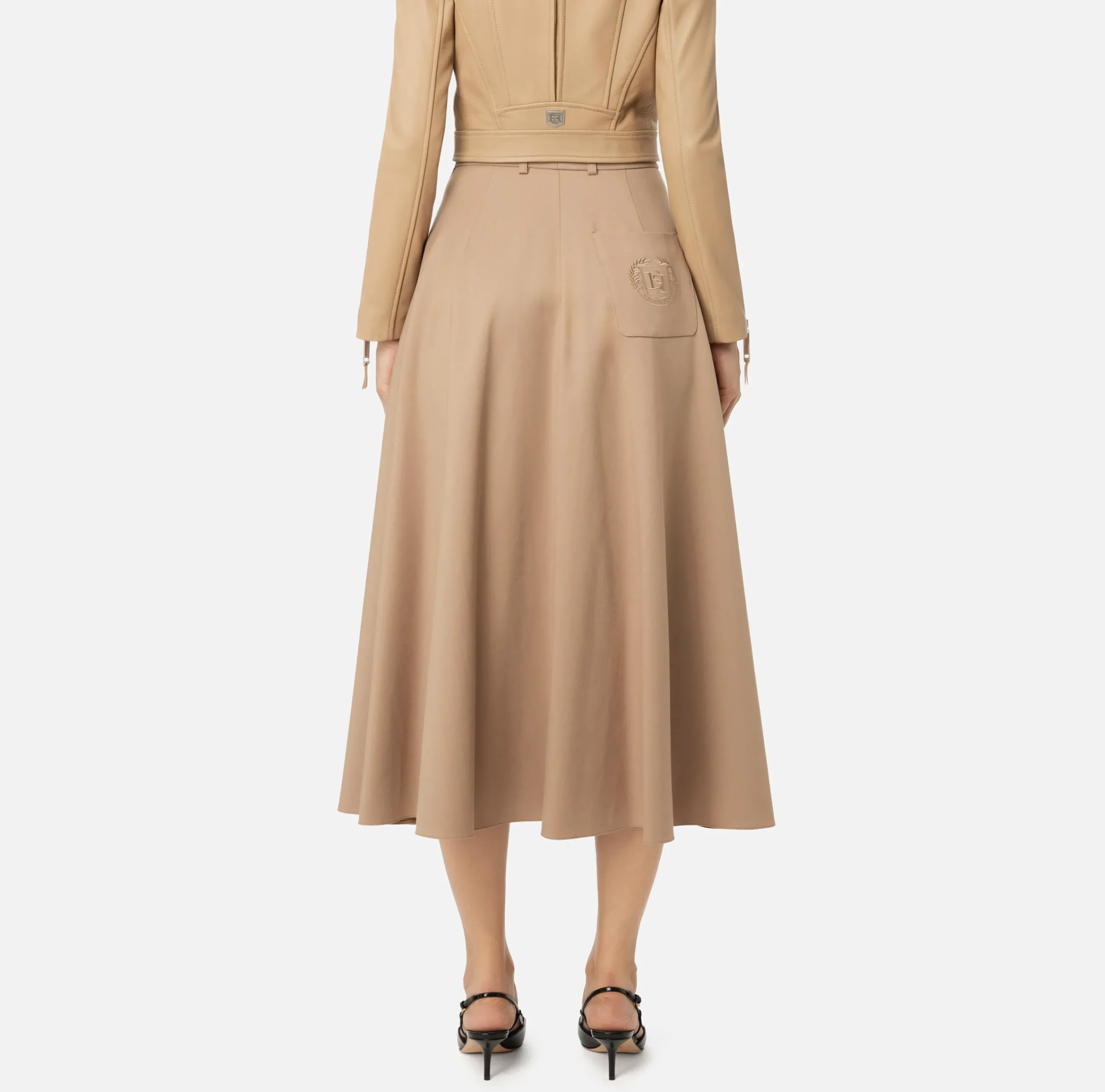 Gonne|Elisabetta Franchi Gonna midi in fresco lana con ricamo stemma Camel