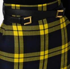 Gonne|Elisabetta Franchi Gonna midi in lana tartan con cintura Navy/Mimosa