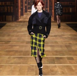 Gonne|Elisabetta Franchi Gonna midi in lana tartan con cintura Navy/Mimosa