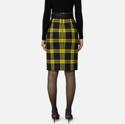 Gonne|Elisabetta Franchi Gonna midi in lana tartan con cintura Navy/Mimosa