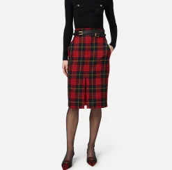 Gonne|Elisabetta Franchi Gonna midi in lana tartan con cintura Nero/RedPassion