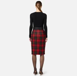 Gonne|Elisabetta Franchi Gonna midi in lana tartan con cintura Nero/RedPassion