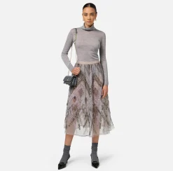 Gonne|Elisabetta Franchi Gonna midi in tulle con ricamo paillettes chevron Steel