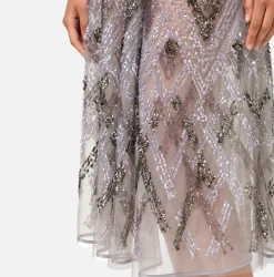 Gonne|Elisabetta Franchi Gonna midi in tulle con ricamo paillettes chevron Steel