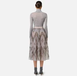 Gonne|Elisabetta Franchi Gonna midi in tulle con ricamo paillettes chevron Steel