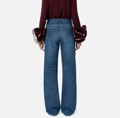 Jeans|Elisabetta Franchi Jeans a gamba larga in cotone organico con bande in raso Bluedenim