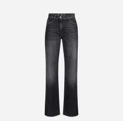Jeans|Elisabetta Franchi Jeans a gamba larga in cotone organico con bande in raso Blackdenim